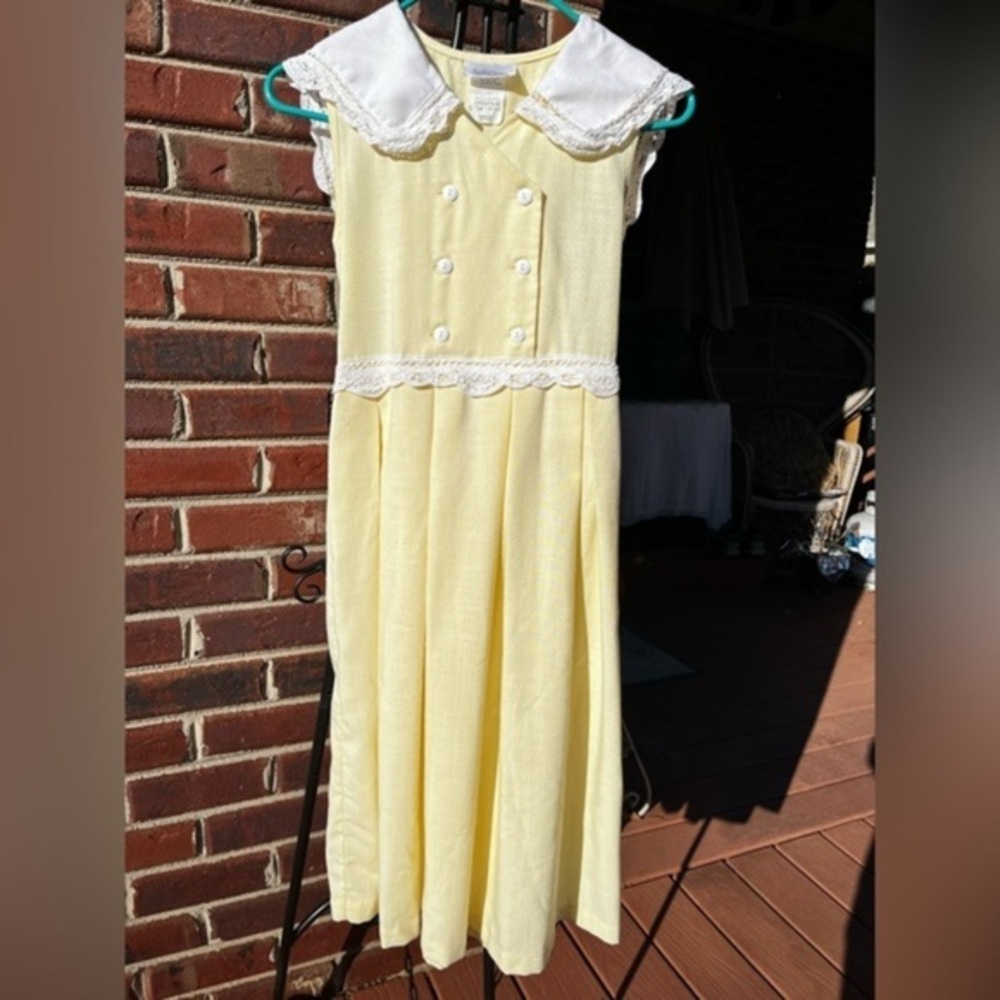 Vintage Bonnie Jean Yellow Midi Dress Big Lace Collar Girls Size 14 Retro